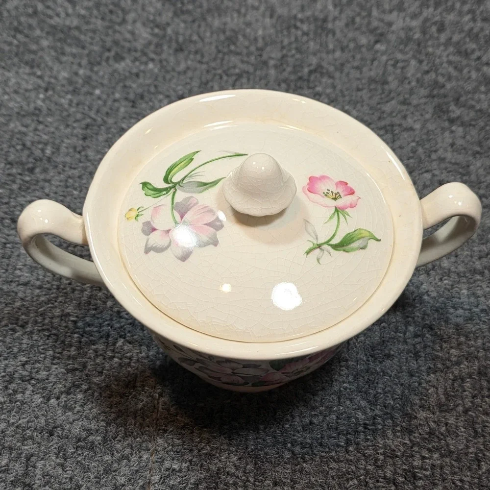 Vintage Floral Ceramic Sugar Bowl Lid Cream Pink Crazed Glaze Pedestal Grandma